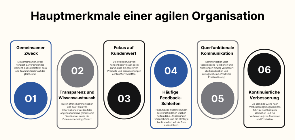 Grafische Darstellung der Hauptmerkmale einer agilen Organisation, einschließlich Flexibilität, Anpassungsfähigkeit, flacher Hierarchien und Kundenorientierung